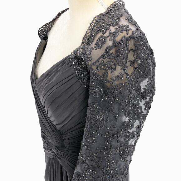 LA FEMME 30384 Ruched Twist Column Gown Size 12 Gunmetal Lace Net Jersey NWOT - Picture 7 of 12